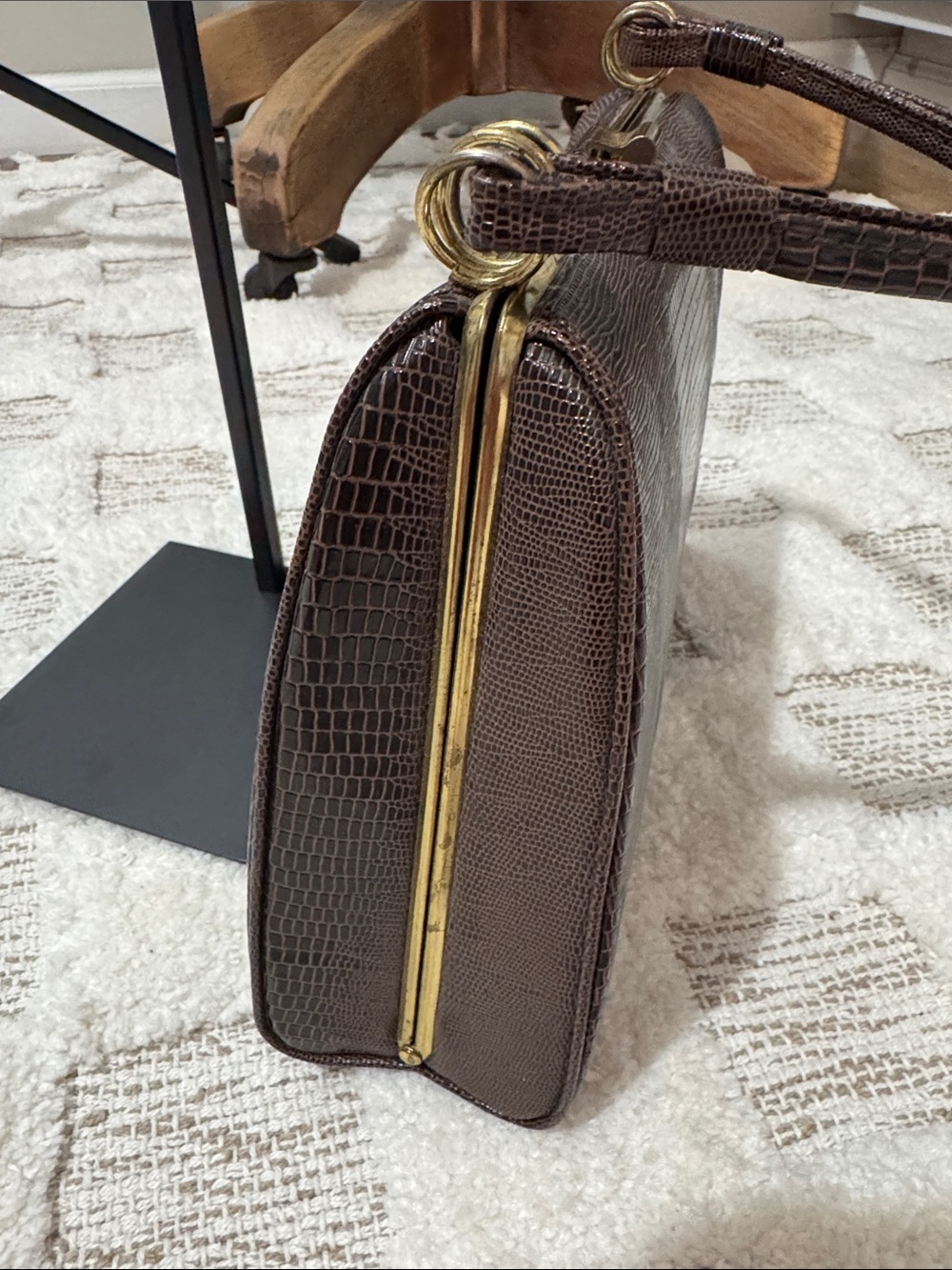 Vintage Dover Brown faux reptile Skin Frame Handbag Made in USA Top Handle Purse - Picture 7 of 9